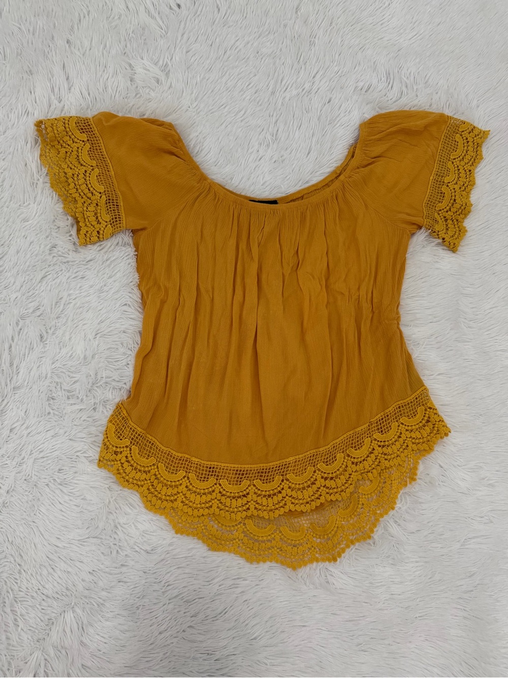 by & by Mustard Lace-Hem Short Sleeve Peasant Top